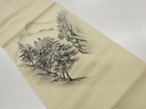 手織り紬手描き屋敷に木々・遠山模様名古屋帯